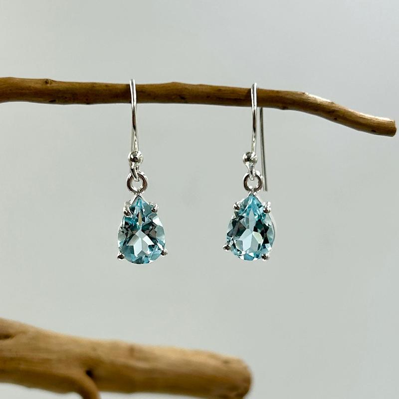 Multi-Faceted Teardrop Blue Topaz French Hook Earrings || .925 Sterling Silver-Nature's Treasures