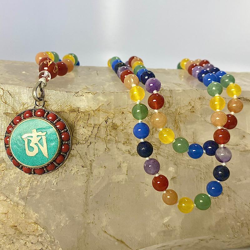 Natural 7 Chakra Gemstone Mala Bead Necklace w/ Om Metal Pendant-Nature's Treasures