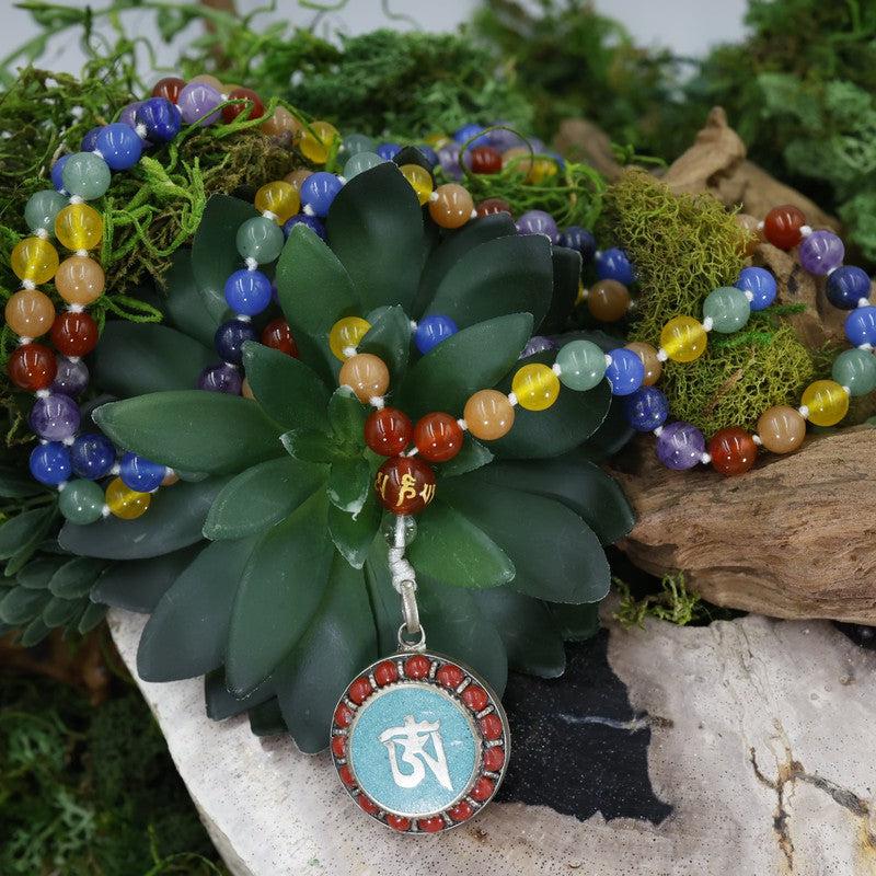 Natural 7 Chakra Gemstone Mala Bead Necklace w/ Om Metal Pendant-Nature's Treasures