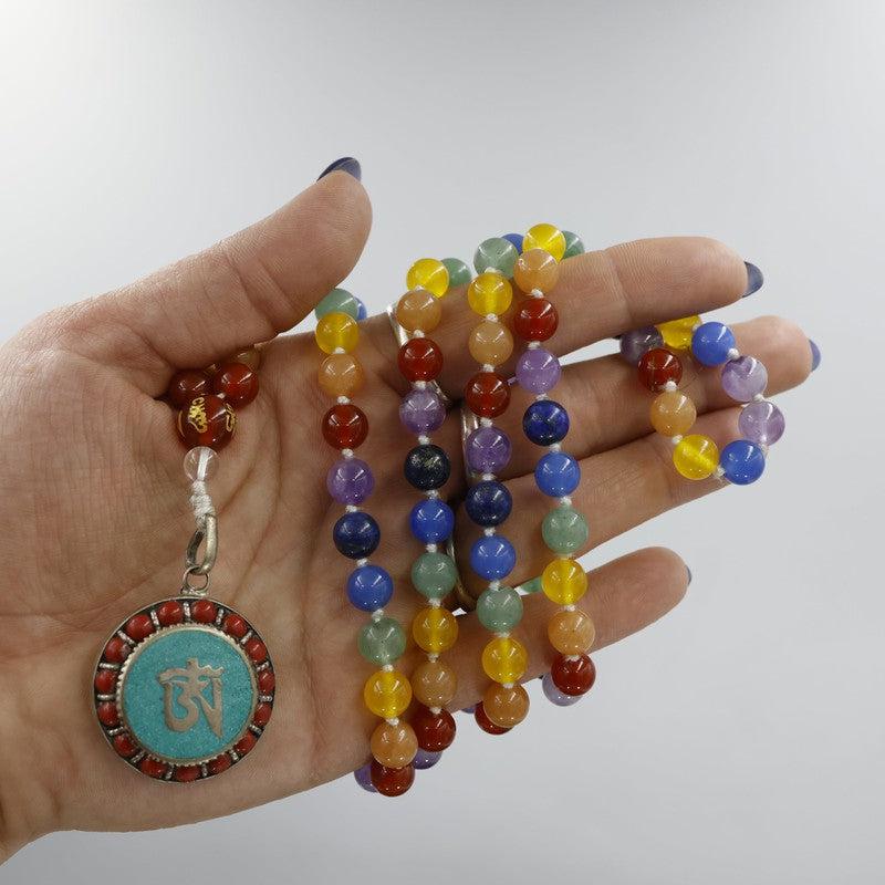 Natural 7 Chakra Gemstone Mala Bead Necklace w/ Om Metal Pendant-Nature's Treasures