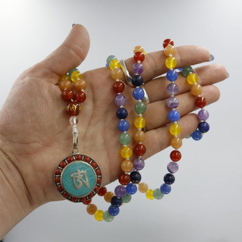 Natural 7 Chakra Gemstone Mala Bead Necklace w/ Om Metal Pendant-Nature's Treasures