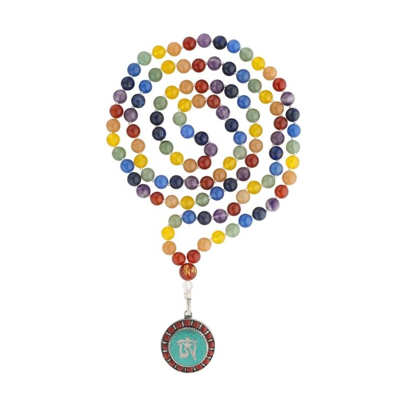 Natural 7 Chakra Gemstone Mala Bead Necklace w/ Om Metal Pendant-Nature's Treasures