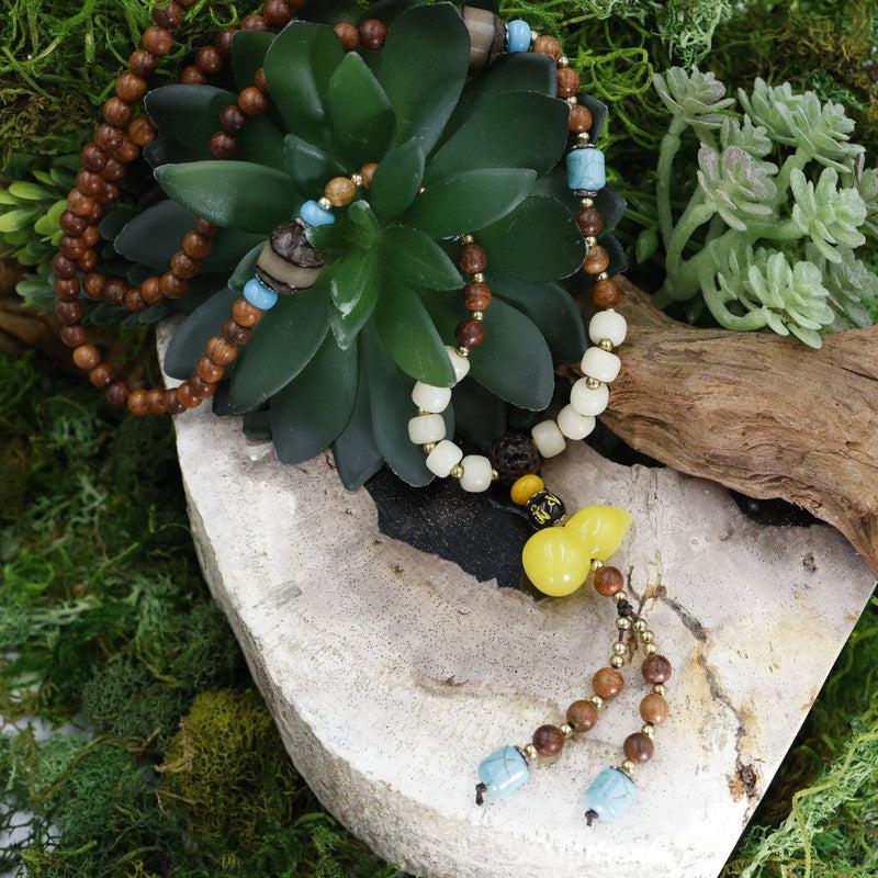 Natural Brown Cherrywood w/ Yellow Guru Bead Mala Necklace-Nature's Treasures