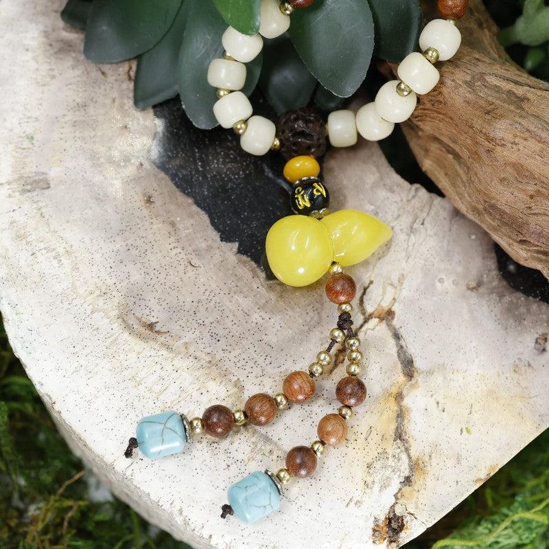 Natural Brown Cherrywood w/ Yellow Guru Bead Mala Necklace-Nature's Treasures