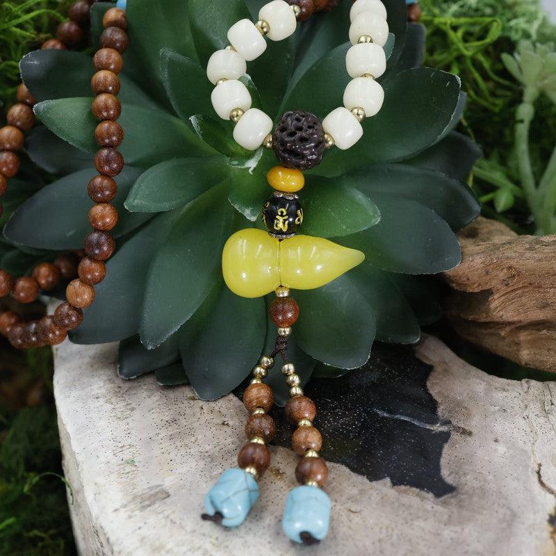 Natural Brown Cherrywood w/ Yellow Guru Bead Mala Necklace-Nature's Treasures