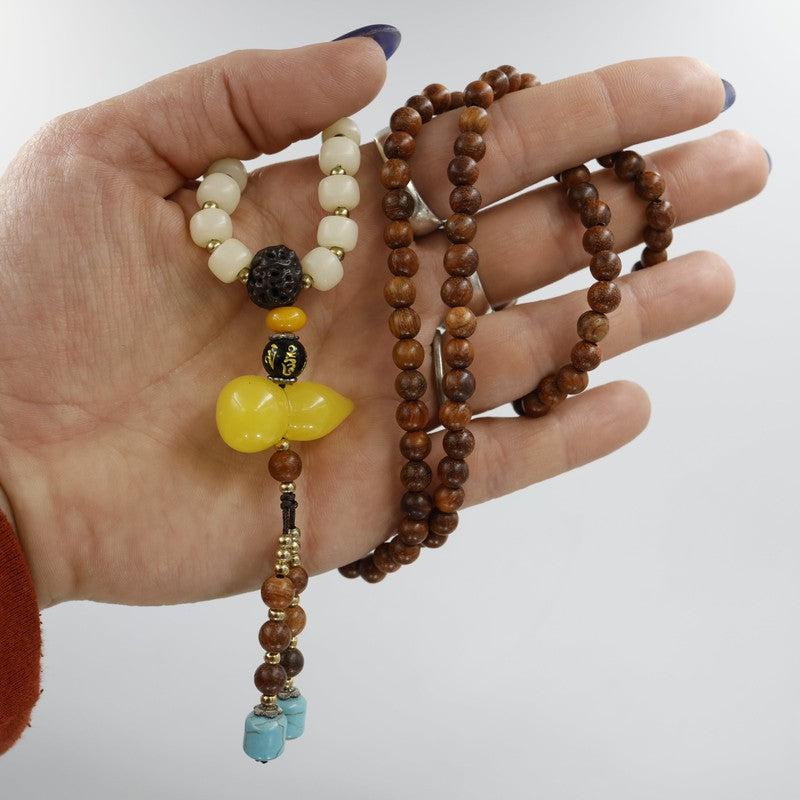 Natural Brown Cherrywood w/ Yellow Guru Bead Mala Necklace-Nature's Treasures