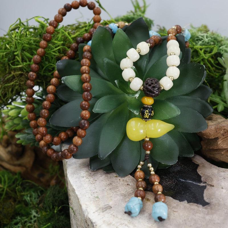 Natural Brown Cherrywood w/ Yellow Guru Bead Mala Necklace-Nature's Treasures