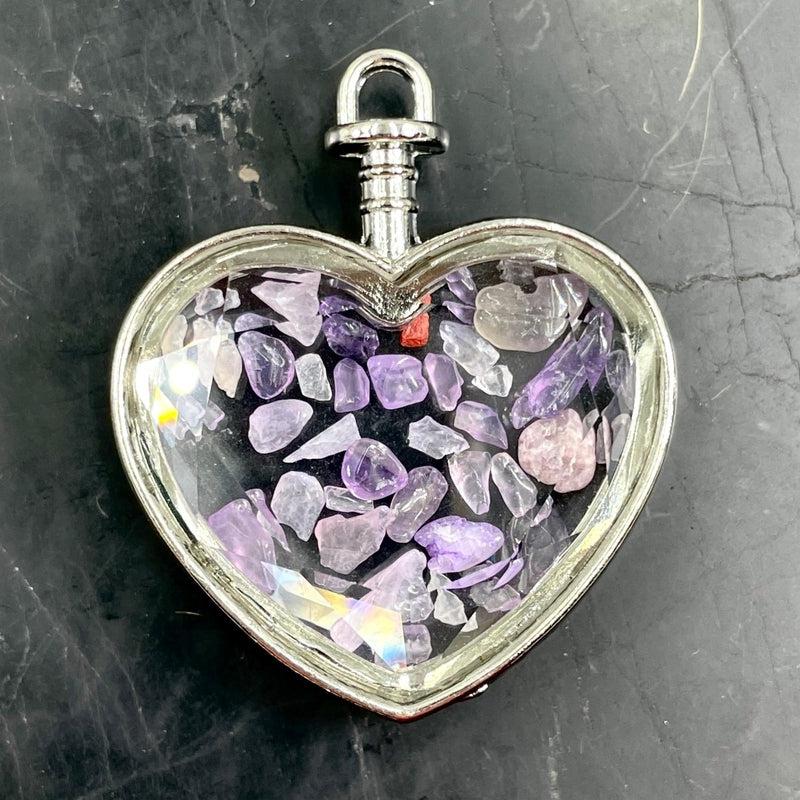 Natural Gemstone Chip Heart-Shaped Glass Pendant || Silver Plated-Nature's Treasures
