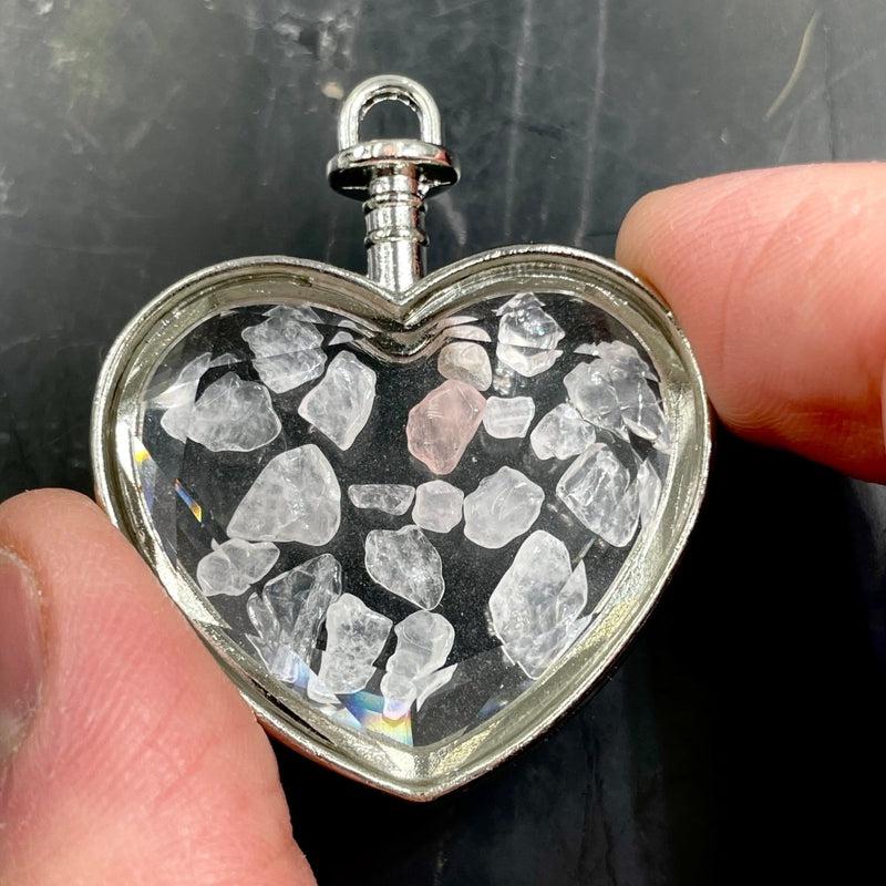 Natural Gemstone Chip Heart-Shaped Glass Pendant || Silver Plated-Nature's Treasures