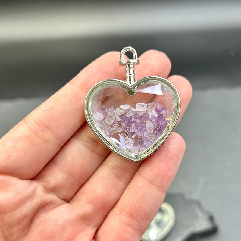 Natural Gemstone Chip Heart-Shaped Glass Pendant || Silver Plated-Nature's Treasures