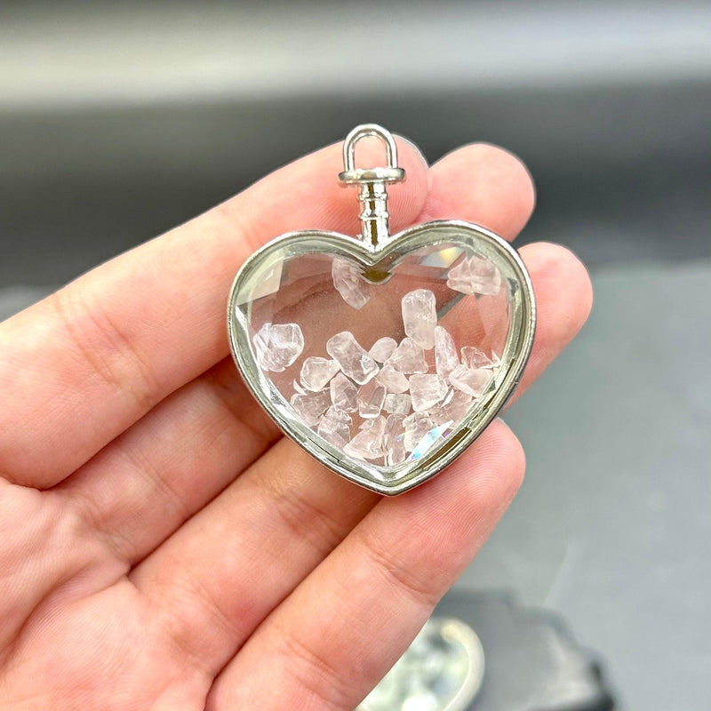 Natural Gemstone Chip Heart-Shaped Glass Pendant || Silver Plated-Nature's Treasures
