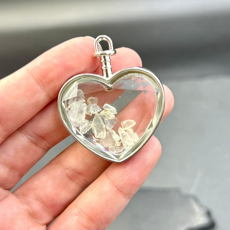 Natural Gemstone Chip Heart-Shaped Glass Pendant || Silver Plated-Nature's Treasures