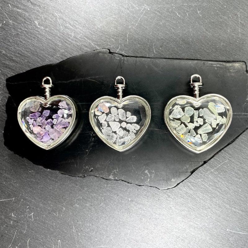 Natural Gemstone Chip Heart-Shaped Glass Pendant || Silver Plated-Nature's Treasures