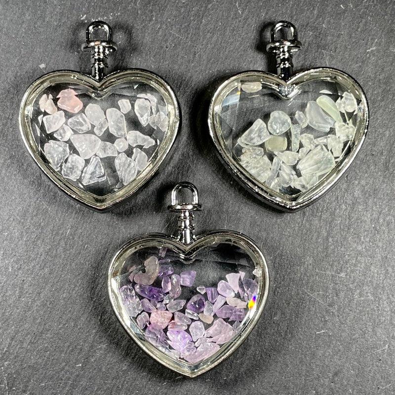 Natural Gemstone Chip Heart-Shaped Glass Pendant || Silver Plated-Nature's Treasures