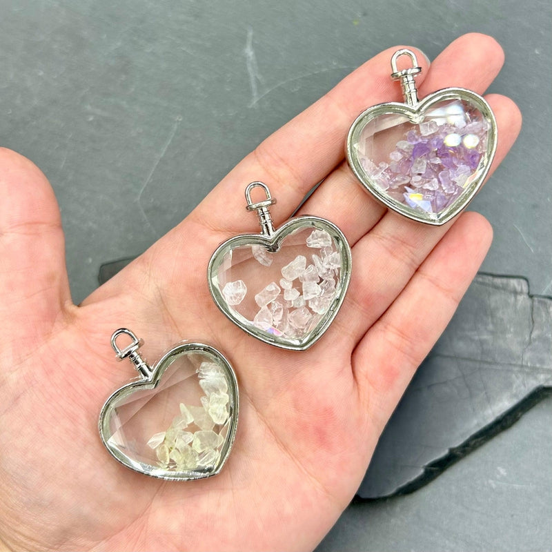 Natural Gemstone Chip Heart-Shaped Glass Pendant || Silver Plated