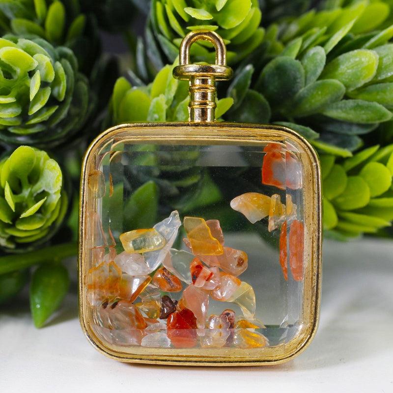 Natural Gemstone Chip Square-Shaped Glass Pendant || Gold Plated-Nature's Treasures
