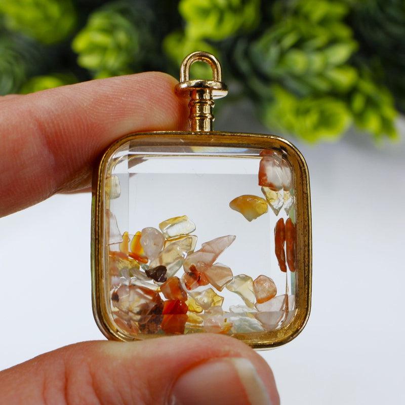 Natural Gemstone Chip Square-Shaped Glass Pendant || Gold Plated-Nature's Treasures
