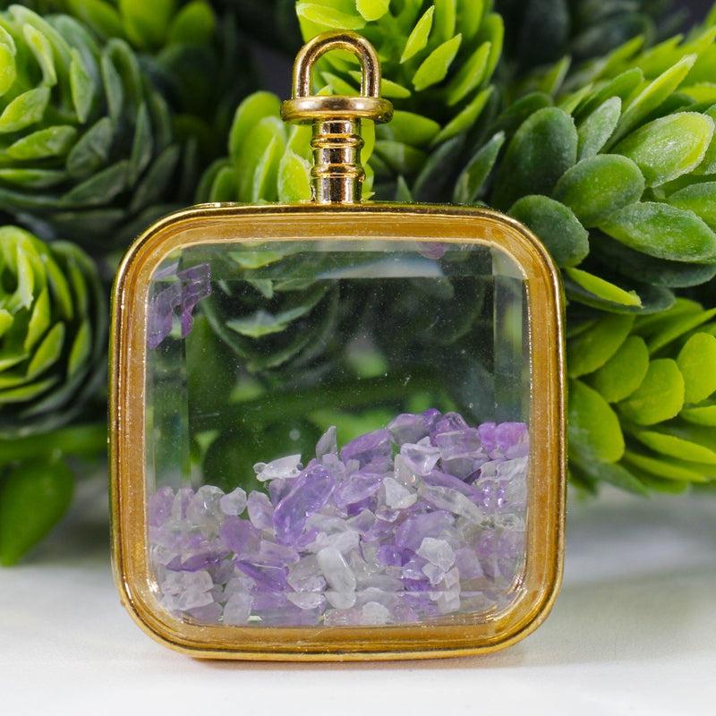 Natural Gemstone Chip Square-Shaped Glass Pendant || Gold Plated-Nature's Treasures