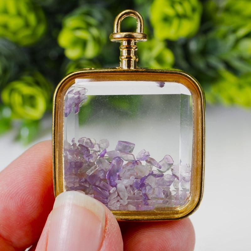 Natural Gemstone Chip Square-Shaped Glass Pendant || Gold Plated-Nature's Treasures
