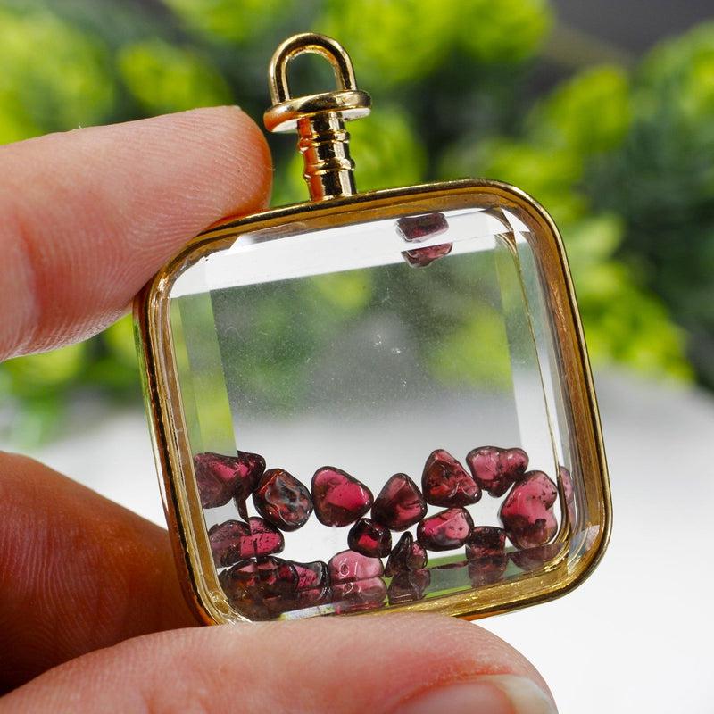 Natural Gemstone Chip Square-Shaped Glass Pendant || Gold Plated-Nature's Treasures