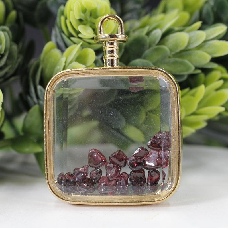 Natural Gemstone Chip Square-Shaped Glass Pendant || Gold Plated-Nature's Treasures