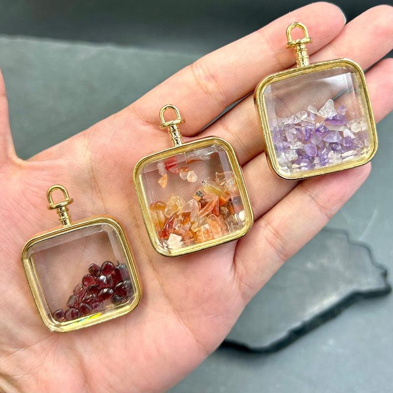 Natural Gemstone Chip Square-Shaped Glass Pendant || Gold Plated-Nature's Treasures