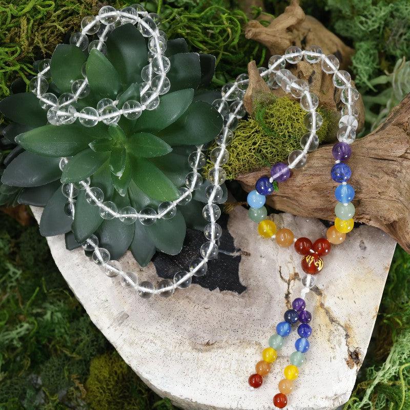 Natural Gemstone Mala Bead Necklace || 7 Chakra w/ Clear Quartz-Nature's Treasures