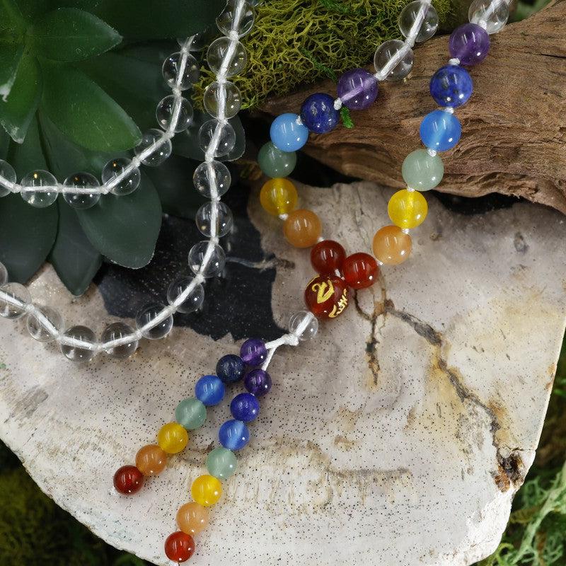 Natural Gemstone Mala Bead Necklace || 7 Chakra w/ Clear Quartz-Nature's Treasures