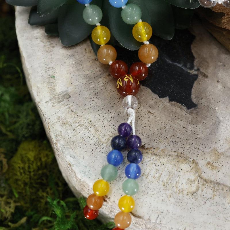 Natural Gemstone Mala Bead Necklace || 7 Chakra w/ Clear Quartz-Nature's Treasures