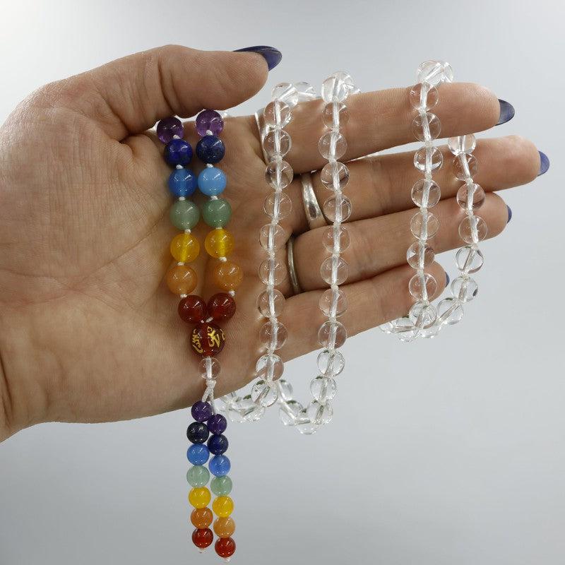 Natural Gemstone Mala Bead Necklace || 7 Chakra w/ Clear Quartz-Nature's Treasures