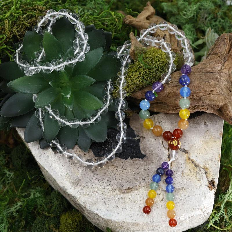 Natural Gemstone Mala Bead Necklace || 7 Chakra w/ Clear Quartz-Nature's Treasures