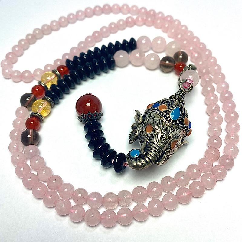 Natural Gemstone Mala Bead Necklace w/ Metal Ganesh