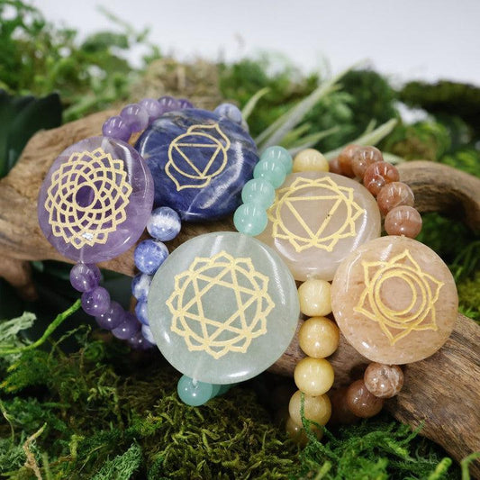 Natural Gemstone w/ Chakra Symbols Bracelet || Chakra Balance-Nature's Treasures