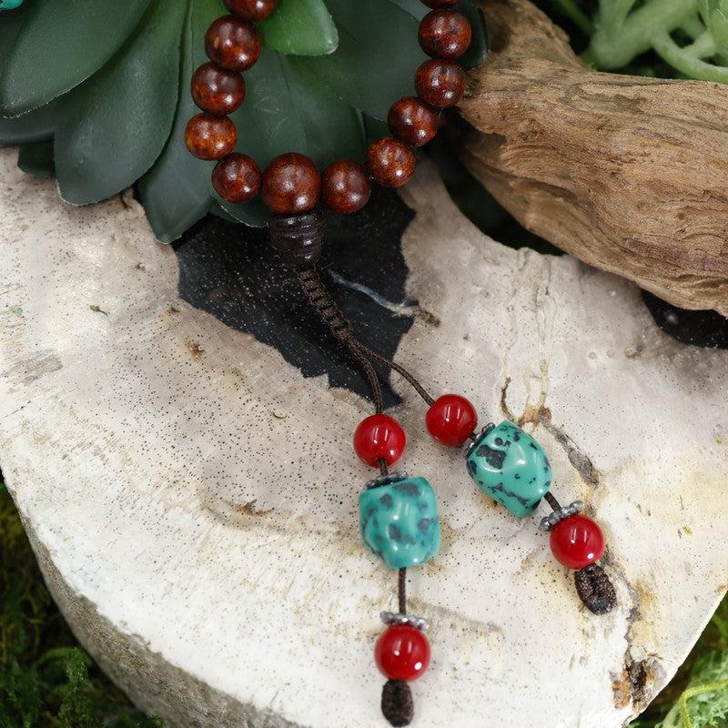 Natural Rosewood Mala Necklace w/ Red & Green Beads-Nature's Treasures