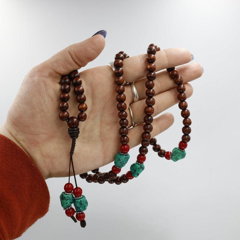 Natural Rosewood Mala Necklace w/ Red & Green Beads-Nature's Treasures