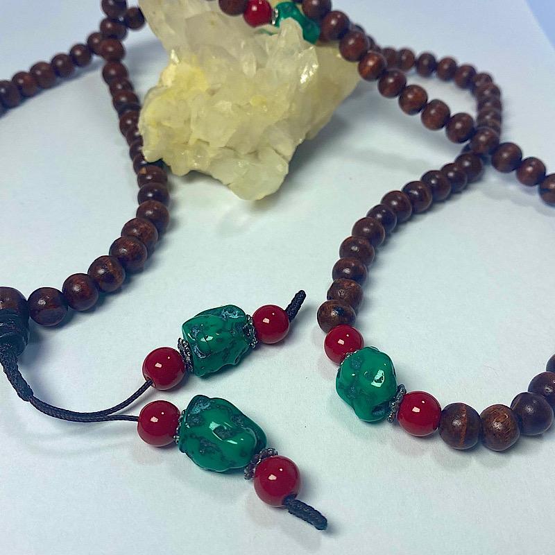 Natural Rosewood Mala Necklace w/ Red & Green Beads-Nature's Treasures