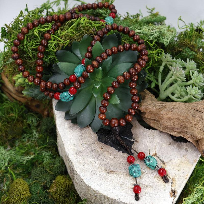 Natural Rosewood Mala Necklace w/ Red & Green Beads-Nature's Treasures