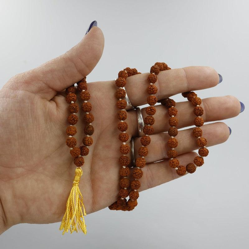 Natural Rudraksha Seed Bead Mala Necklace w/ Yellow Tassel-Nature's Treasures