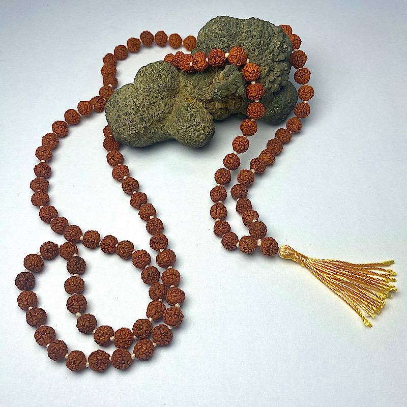 Natural Rudraksha Seed Bead Mala Necklace w/ Yellow Tassel-Nature's Treasures