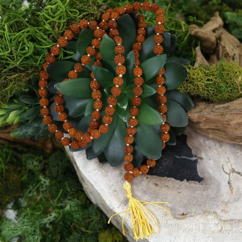 Natural Rudraksha Seed Bead Mala Necklace w/ Yellow Tassel-Nature's Treasures