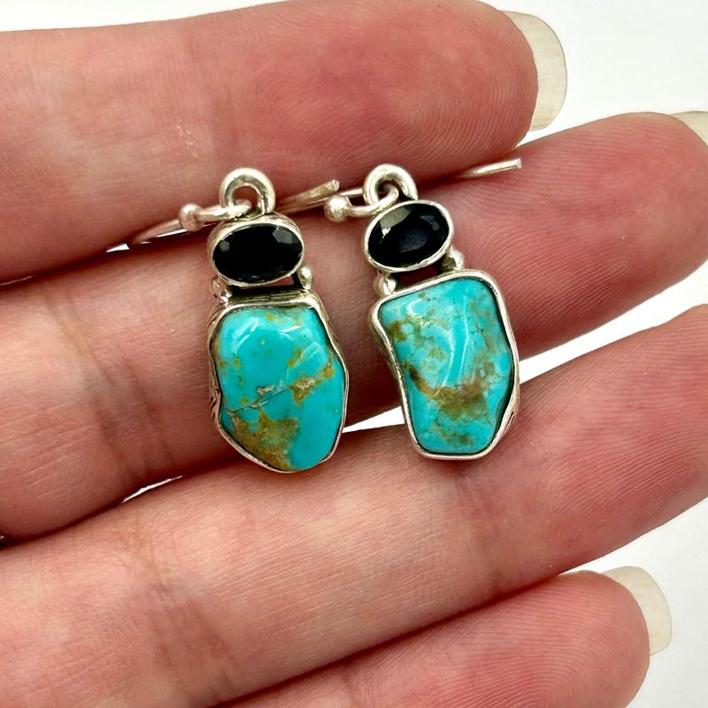 Nevada Turquoise With Faceted Black Spinel Earrings || .925 Sterling Silver-Nature's Treasures
