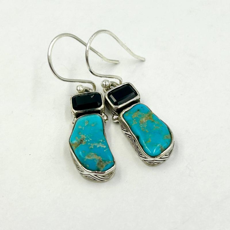 Nevada Turquoise With Faceted Black Spinel Earrings || .925 Sterling Silver-Nature's Treasures