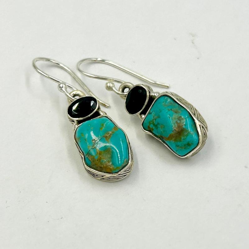 Nevada Turquoise With Faceted Black Spinel Earrings || .925 Sterling Silver-Nature's Treasures