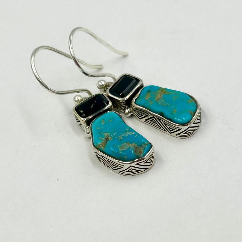 Nevada Turquoise With Faceted Black Spinel Earrings || .925 Sterling Silver-Nature's Treasures