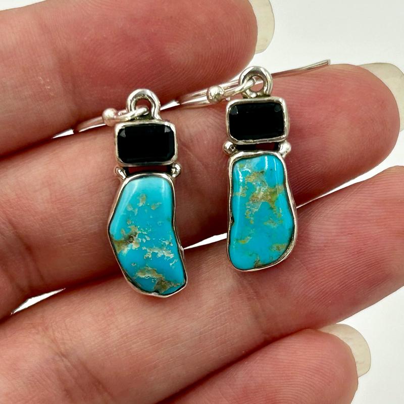 Nevada Turquoise With Faceted Black Spinel Earrings || .925 Sterling Silver-Nature's Treasures