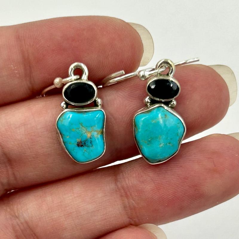 Nevada Turquoise With Faceted Black Spinel Earrings || .925 Sterling Silver-Nature's Treasures
