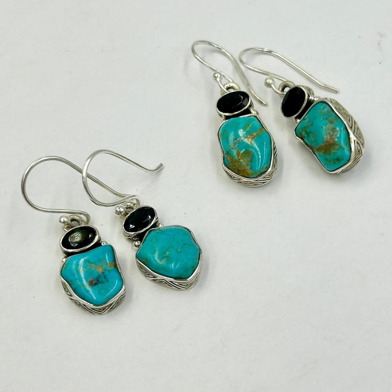 Nevada Turquoise With Faceted Black Spinel Earrings || .925 Sterling Silver-Nature's Treasures