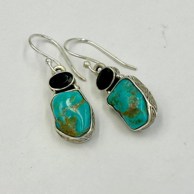 Nevada Turquoise With Faceted Black Spinel Earrings || .925 Sterling Silver-Nature's Treasures