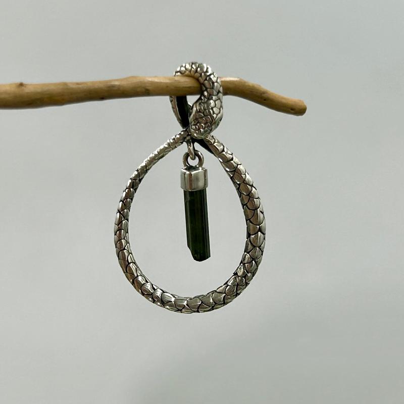 Ouroboros Snake With Green Tourmaline Pendant || .925 Sterling Silver-Nature's Treasures