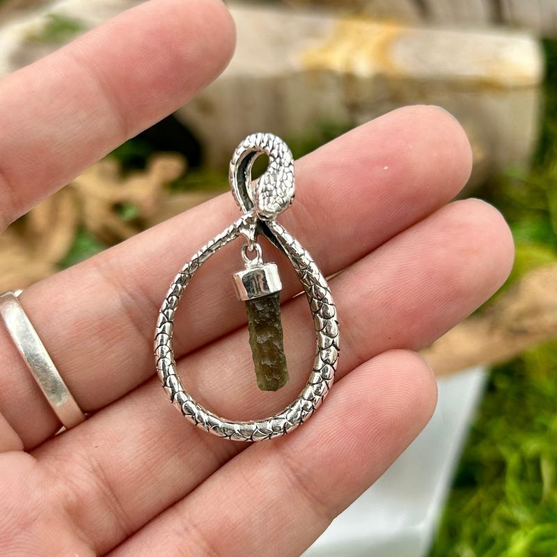 Ouroboros Snake With Moldavite Pendant || .925 Sterling Silver-Nature's Treasures